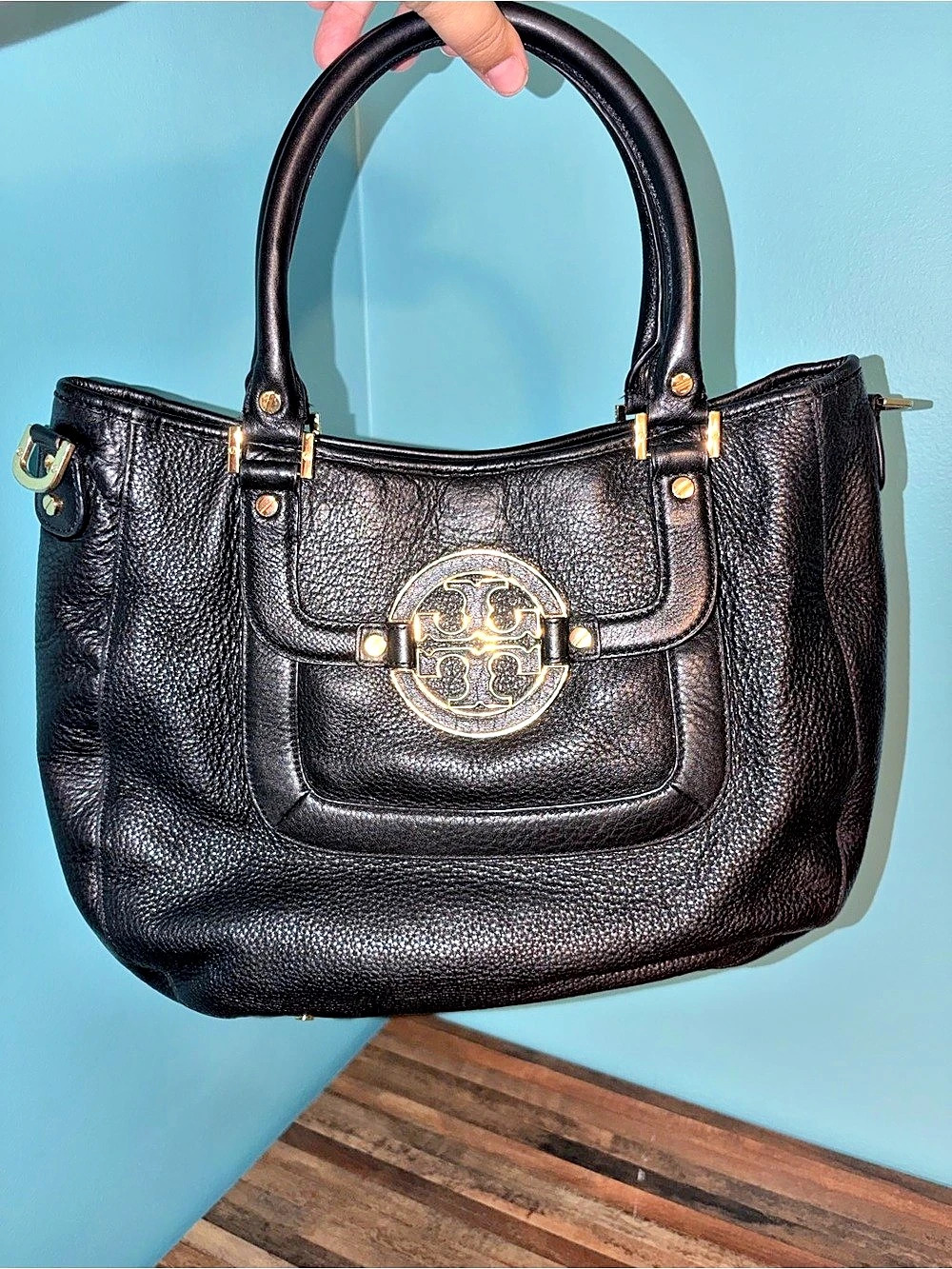 Tory Burch Amanda Black Pebbled Leather Satchel Crossbody Bag Shoulder Bag
